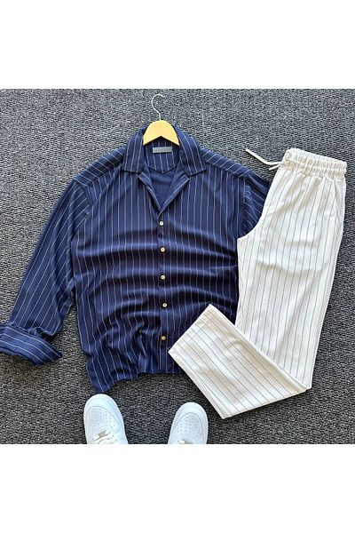 tetramoda Set pantaloni cămașă cu dungi din țesătură creponată