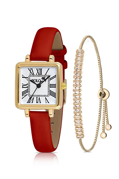 Polo Air Kare Kasa Deri Kordon Kadın Kol Saati Zirkon Taşlı Baget Bileklik Kı...