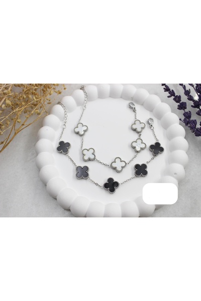 yiğit aksesuar Siyah Ve Beyaz Çelik Yonca Bileklik 2'li Set