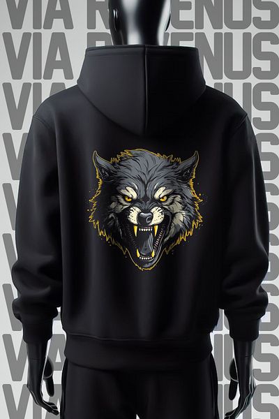 Vordevia Черен суитшърт с качулка и щампа Wolf 3 Thread Wide Cut - с щампа отпред и отзад