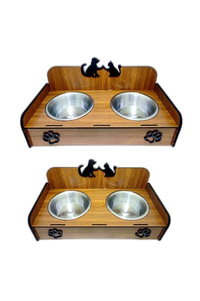 EMSE Luxury Wooden Steel Cat Dog Food Water Bowl