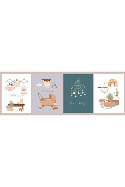 elibaby 4'lü Pastel Renkler Bebek Duvar Poster Ahşap Tablo (4 adet 20x30 cm)
