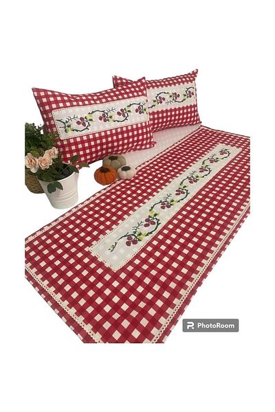 NESLİHAN HOBİ ATÖLYESİ Real Cross Stitch Embroidered Runner Table Cloth and 35x50 Cm 2 Pillow Set