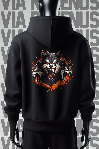 Vordevia Hanorac negru cu glugă cu imprimeu cu 3 fire Wolf - Imprimat față și spate