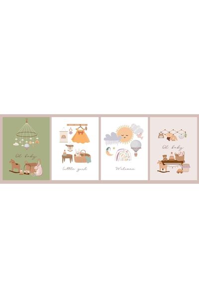 elibaby 4'lü Pastel Renkler Bebek Duvar Poster Ahşap Tablo (4 adet 20x30 cm)