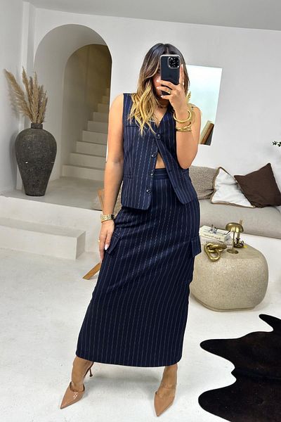 Sohotique By P Navy Blue-White Striped Woven Vest