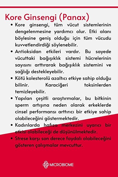 Microbiome Ginseng Complex Kore, Sibirya, Amerikan Ginsengi, L-arjinin Ve Ginkgo Biloba Kompleks 30 Kapsül