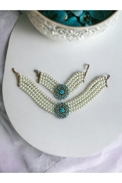 FAYRA ACCESSORIES Turkuaz Taşlı Dandelion Inci Kolye Ve Inci Bileklik Seti