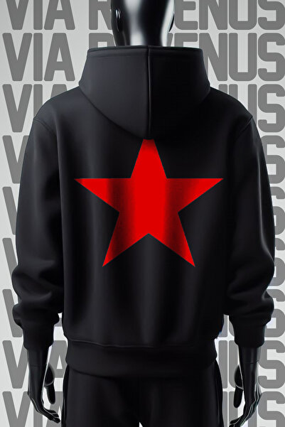 Vordevia سويت شيرت بقلنسوة أسود ذو 3 خيوط واسعة - مطبوع من الأمام والخلف