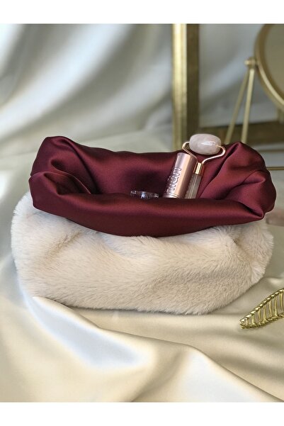 MELSEA Taş Rengi Peluş Bordo Saten Makyaj ve Bakım Çantası