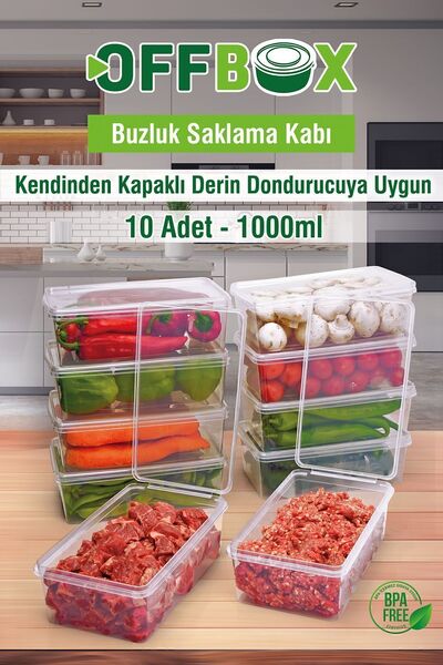 OFFBOX 10 Adet 1 Lt. Kendinden Kapaklı Derin Dondurucuya Uygun Saklama Kabı Düzenleyici
