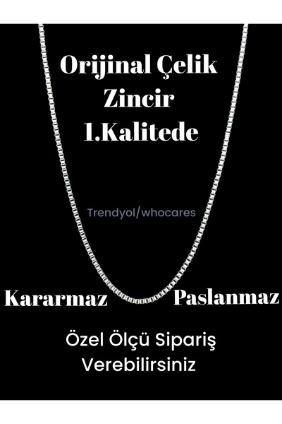 whocares Unisex Çelik Zincir Kolye Kararmaz Paslanmaz Gümüş Renk Kare Modelli...