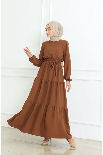 sefamerve Belted Aerobin Fabric Dress - 1016-04 Brown