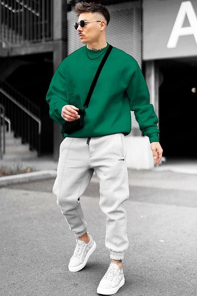 Millionaire Ανδρικό φούτερ από φλις πράσινο oversize - Crew Neck, Unprinted, Loose Fit