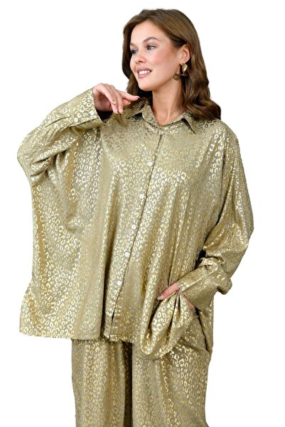 WOMAN VISION Viscose Women's Double Set - Coral Pattern, Shirt and Trousers with Leaves