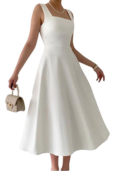 WOMAN VISION Atlas Kumaş Kalın Askılı Kare Yaka Kadın Abiye Elbise 151