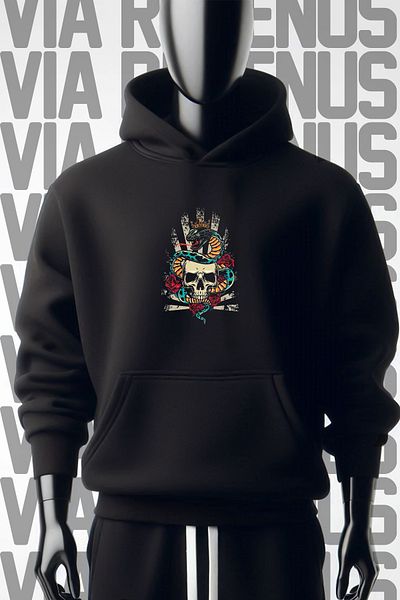 Vordevia Skull and Cobra Printed - Φούτερ με φαρδιά εφαρμογή με 3 νήματα μαύρη κουκούλα