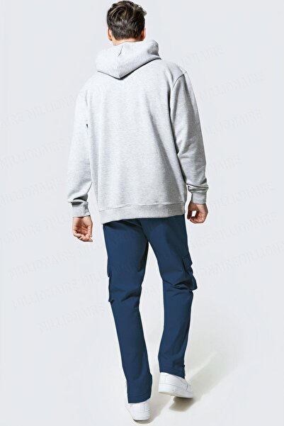 Millionaire Erkek Gri Düz Kapüşonlu Oversize 3 iplik Şardonlu Salaş Bol Kesim Hoodie Sweatshirt