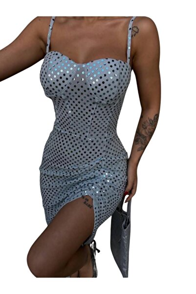 WOMAN VISION Pul Payet İşlemeli Askılı ve Yırtmaçlı Kadın Elbise 003