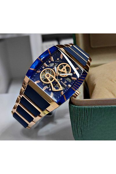 Raymond Men's Automatic Wrist Watch with Dark Blue Corner