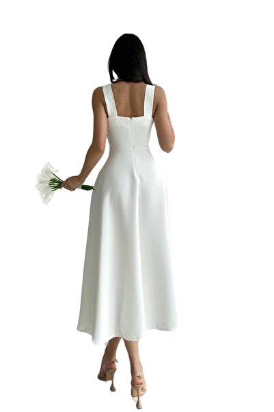 WOMAN VISION Atlas Kumaş Kalın Askılı Kare Yaka Kadın Abiye Elbise 151