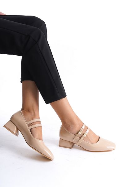 by onbaşı Beige Patent Leather Mary Jane - Double Helmet, Short Block Heel, Closed Square Toe Casual Women's Shoes