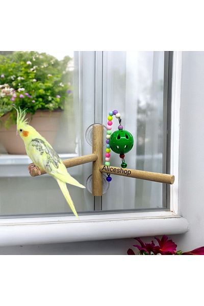 aliceshop Double Branch Bird Glass Perch with Suction Cup - Ball with Bell