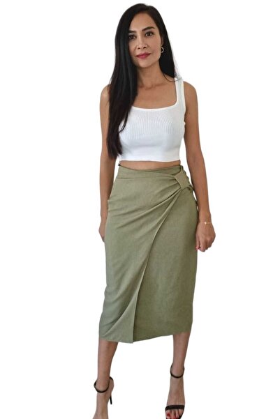 duygu dilsiz Linen Women's Skirt - Khaki Color, Butterfly Pattern, Summer Midi with Zipper
