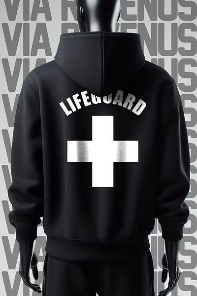 Vordevia Черен суитшърт с качулка LifeGuard с 3 прежди и широк модел - с щампа отпред и отзад