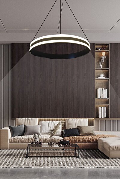 Ledmi Lighting Çiftli Led Model 50cm Yuvarlak Siyah Led Avize, 3 Renk Aydınlatmalı, Kumandalı Salon Avizesi