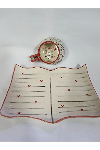 Gül Nakkaş Seramik Kitap model Türk kahve fincanı öğretmen ve kitap severlere özel kitap ve harf yazılı fincan ve tabak