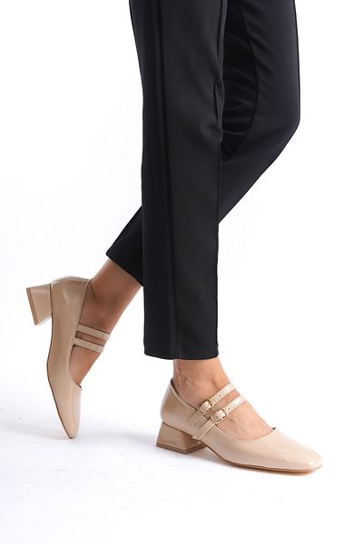 by onbaşı Beige Patent Leather Mary Jane - Double Helmet, Short Block Heel, Closed Square Toe Casual Women's Shoes