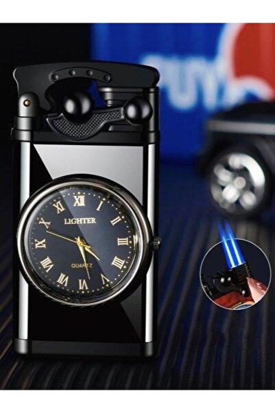 funshop Çift pürmüz saatli çakmak ışıklı turbo gazlı çakmak metal gövde şık tasarım