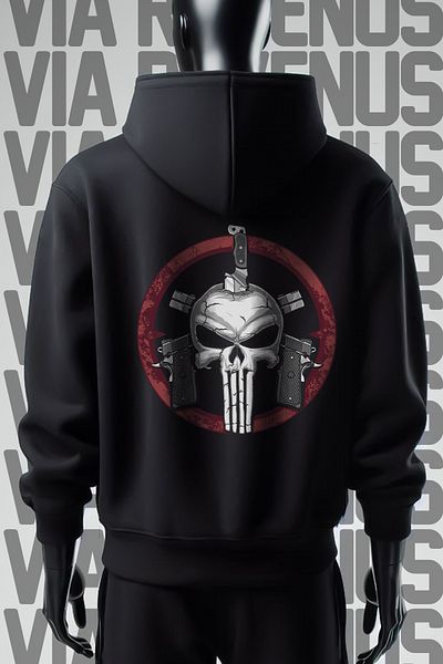 Vordevia Φούτερ με μαύρη κουκούλα με στάμπα Punisher Skull - 3 νήματα φαρδιά εφαρμογή