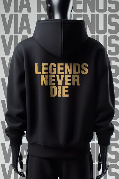 Vordevia Legends Neve Die - Φούτερ με φαρδιά εφαρμογή με 3 νήματα, μπροστινή και πίσω στάμπα με μαύρη κουκούλα