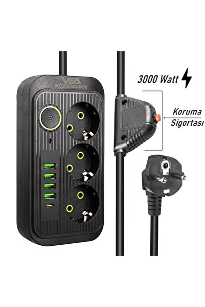 TechMore Akım Korumalı Grup Priz 3’lü 1.5 Metre Kablolu 4 Usb Type-c 3000w 16ah Tam Koruma Topraklı