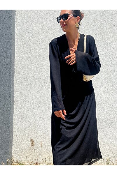Dresslabtr Midi Boy Astarlı Kol Kısımları Transparan Siyah Uzun Örme Kumaş Elbise