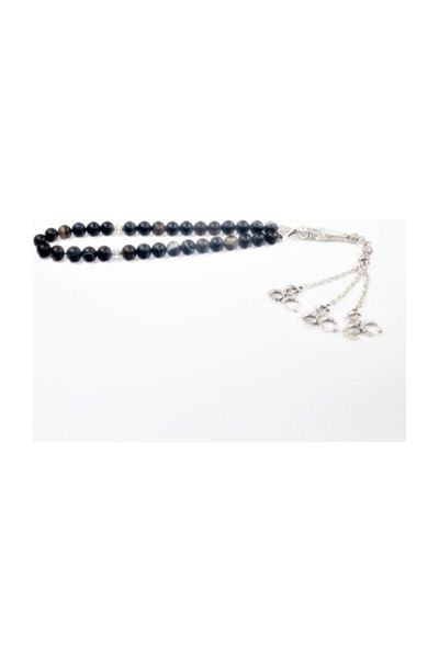 RD EKOAVM 8 mm Black Rosary - Three Tassel and Three Crescent, Globe Cut, Veined Agate Rdt12146
