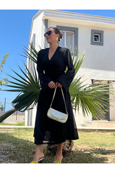 Dresslabtr Midi Boy Astarlı Kol Kısımları Transparan Siyah Uzun Örme Kumaş Elbise