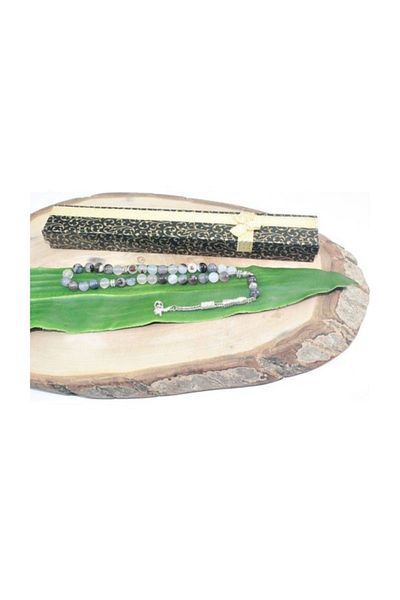 RD EKOAVM 8mm Rosary - Single Tassel, Tugra Tip, Globe Cut, with Veins and Smoke Agate Stone Rosary Rdt2180
