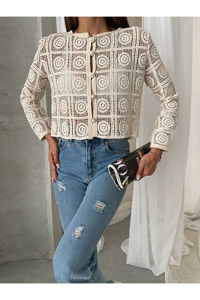 Miss Allos Openwork Lace Detailed Women's Knitted Knitwear Cardigan