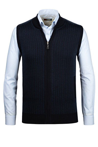 Çizgi Triko Stripe Knitwear Men's Knitwear Vest with Zipper Pocket Steel Knitwear Classic Fit - 5004J