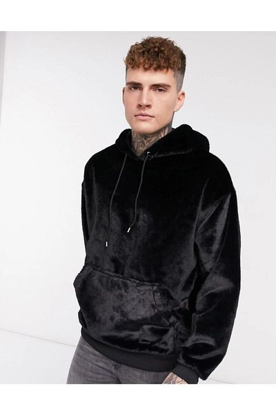 Ghedto Unisex Black Oversize Plush Hoodie Hooded Sweatshirt