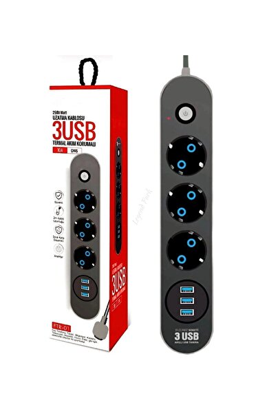 Genel Markalar Akım Korumalı 2 Metre Grup Priz 3 Lü Usb Şarj Aleti 2500 Watt