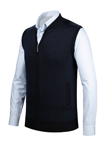 Çizgi Triko Stripe Knitwear Men's Knitwear Vest with Zipper Pocket Steel Knitwear Classic Fit - 5004J