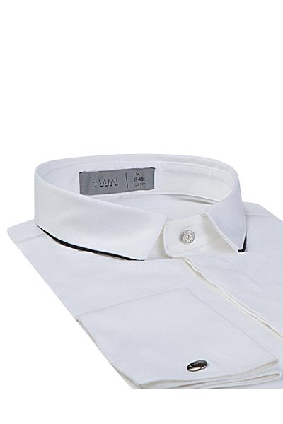 Twn Slim Fit White Plain Metal Button Double Cuff Narrow Collar Tuxedo Shirt