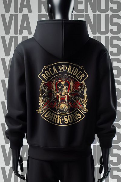 Vordevia Rock And Rider 3 Thread Wide Fit - Hanorac negru cu glugă cu imprimeu în față și în spate