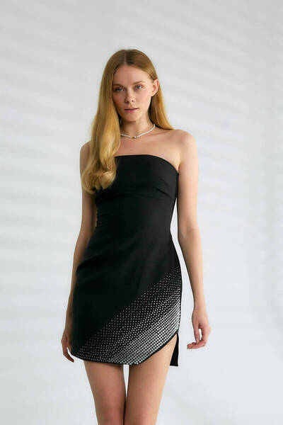 Robin Ophelia Staplez Taşlı Elbise Siyah