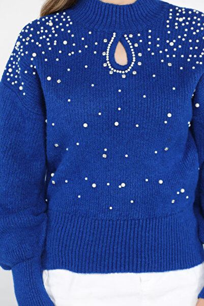 GÜLSELİ Sax Blue Stoned and Pearled Knitwear Sweater for Women