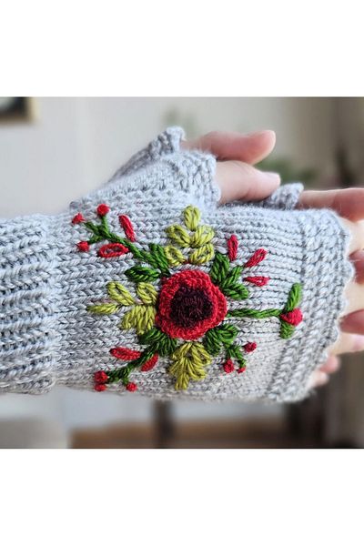 El örgüsü Floral Embroidered Fingerless Women's Gloves - Hand Knitted and Crocheted